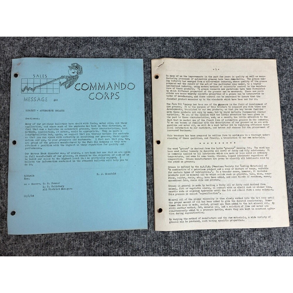 1944 Pure Oil Technical Bulletin #22 Automotive Greases Commando Corps Oil Gas